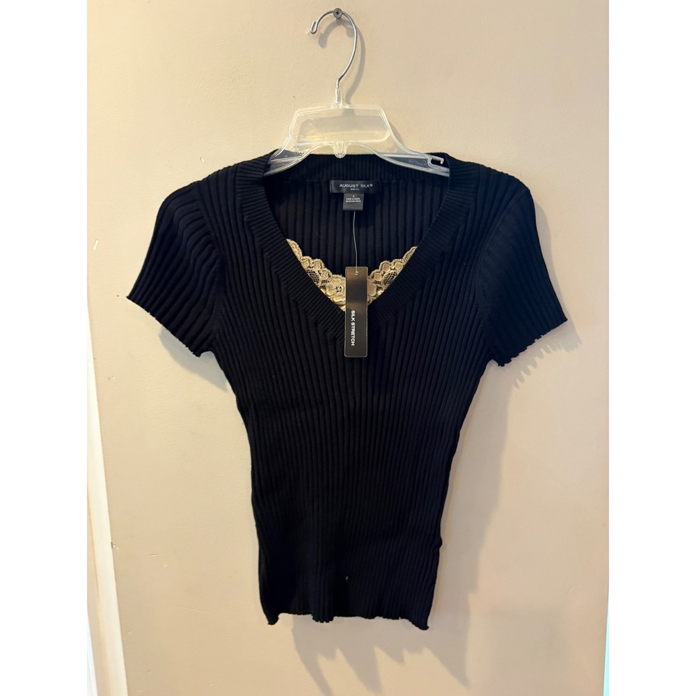 August Silk Knits Black Ribbed V-Neck Lace Trim Short Sleeve Top NWT Size Large